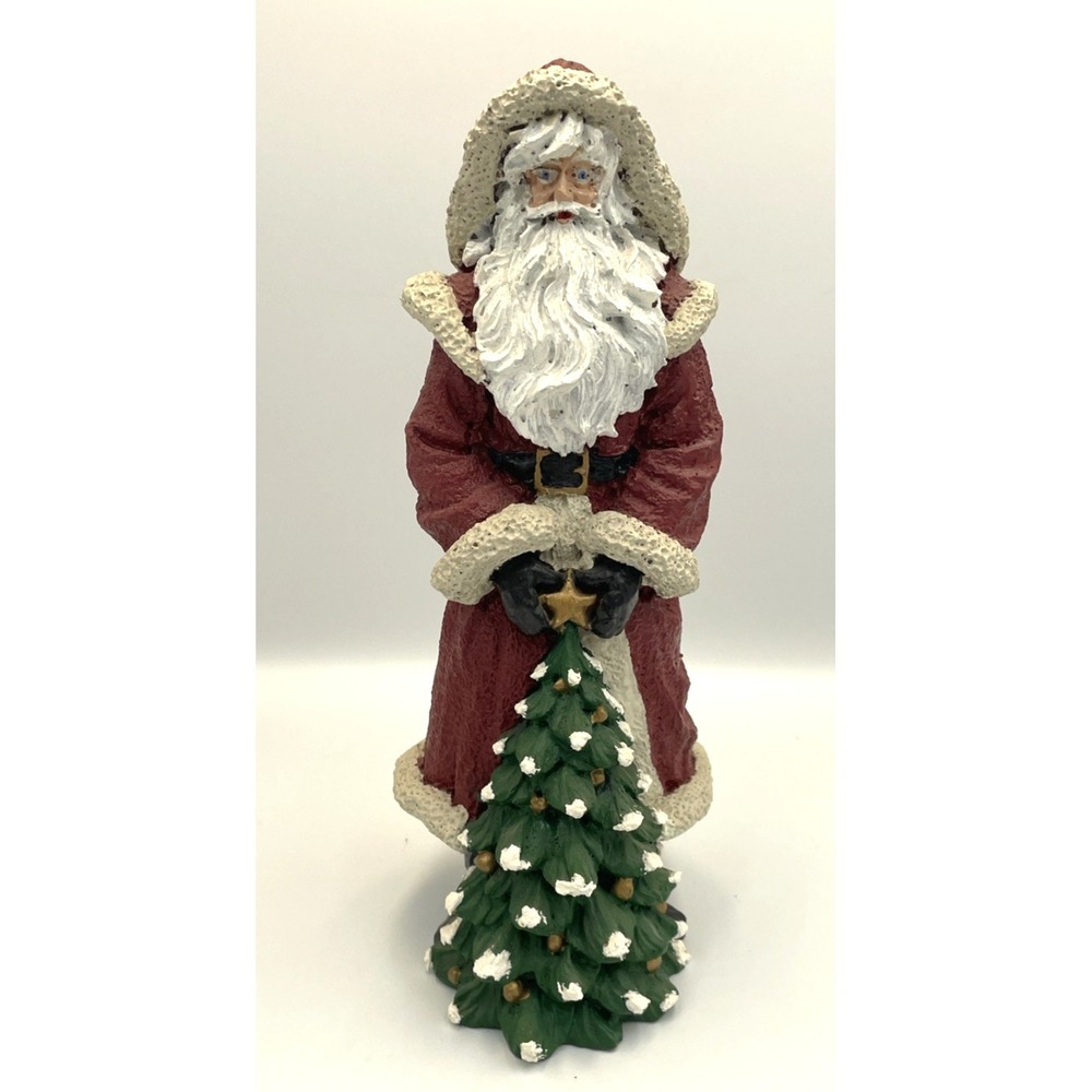 Vtg Hand Painted Resin Santa Claus w/ Christmas Tree 10" H Holiday Seasonal